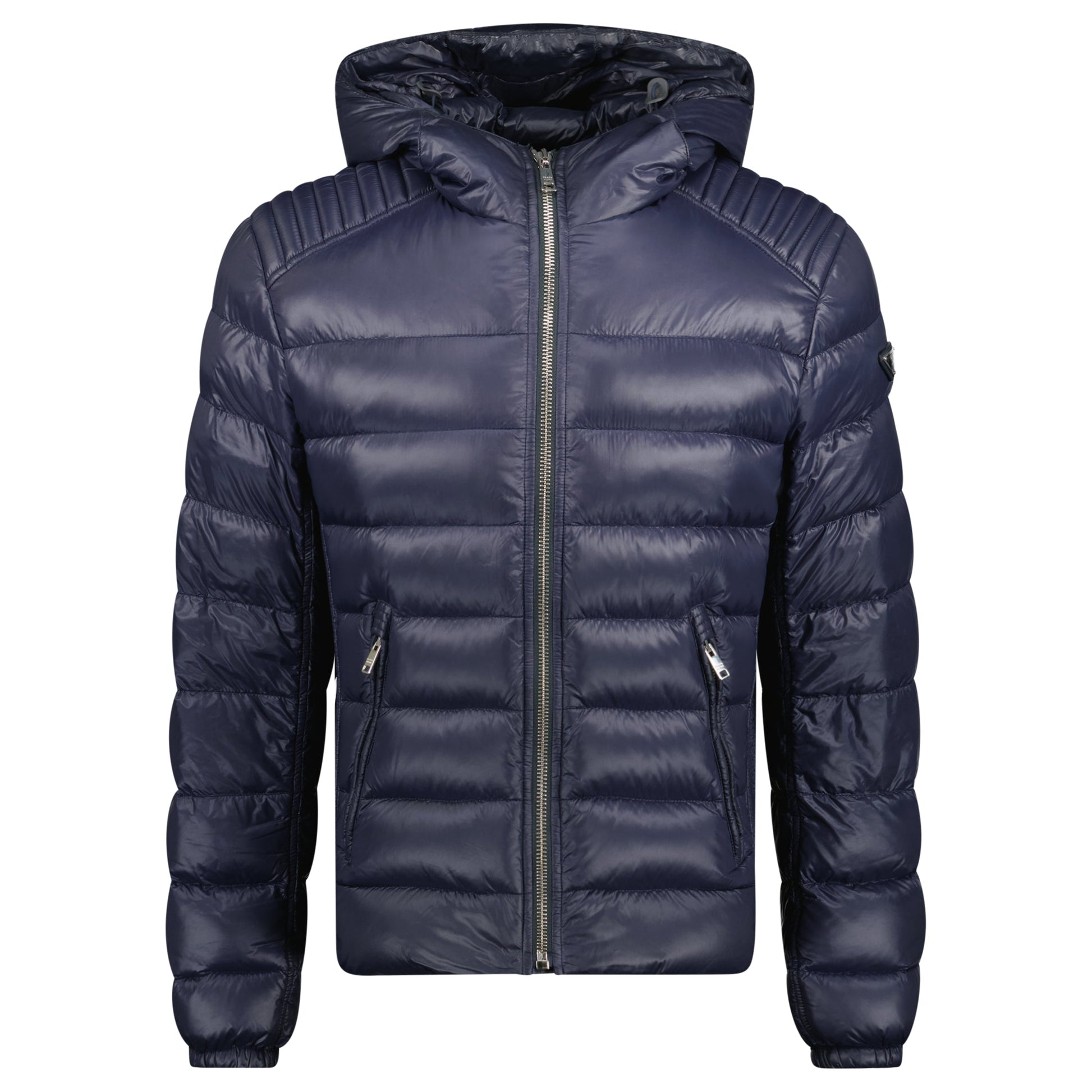 PRADA NAVY QUILTED BADGE JACKET - L (Fits M) - affluentarchivesUsed HIGH END DESIGNER CLOTHING